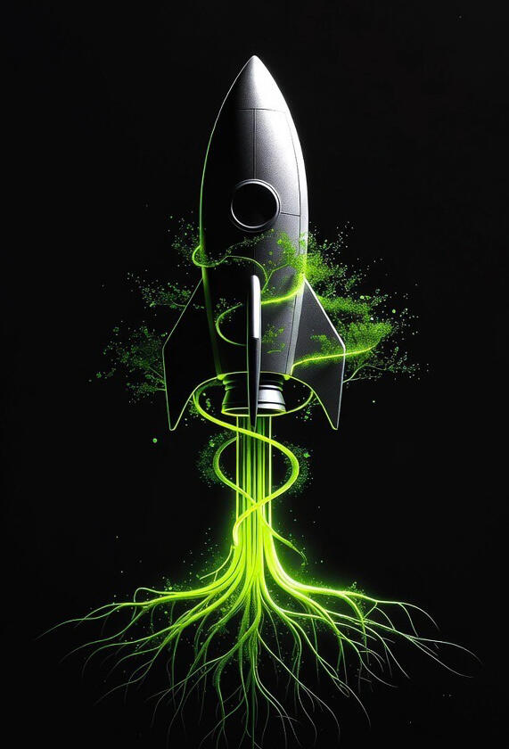 Futuristic rocket with glowing green hydroponic roots launching into space